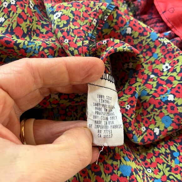 Betsey Johnson Size 8 High-Waisted Silk Dress Puff Sleeve Red Blue Floral - Picture 12 of 12
